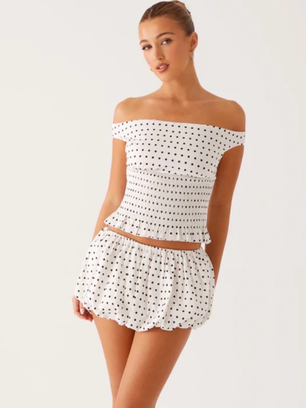 Off-Shoulder Black Dot Smocked Crop Top - Matching Bubble Skirt - Picture 2 of 5